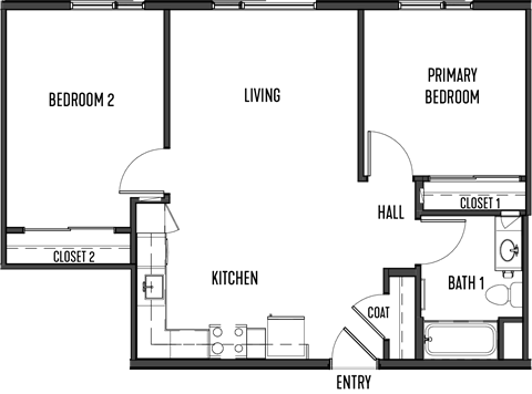 Floor plan for 2 beds, 1 bath, 759 sqft